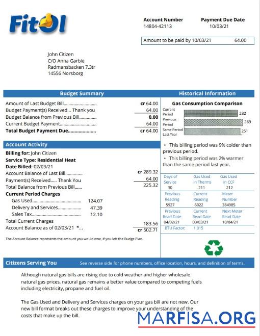 Downloadable Sweden Fitol gas utility bill template in Word and PDF format